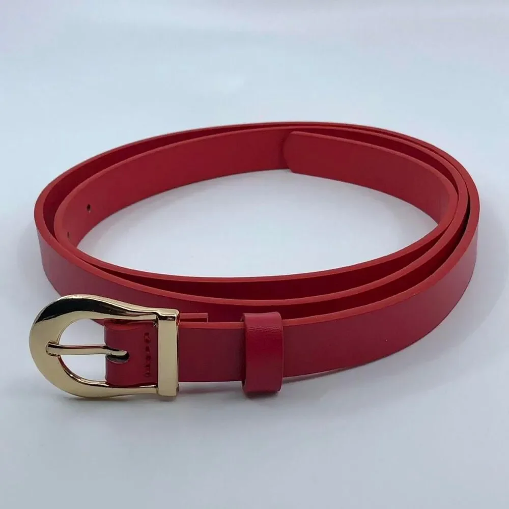 Women's Red Faux Leather Belt w/ Gold Buckle, Fits 34